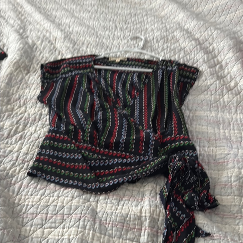 Nanette Lepore Black and Pink Asymmetrical Tie Front Blouse